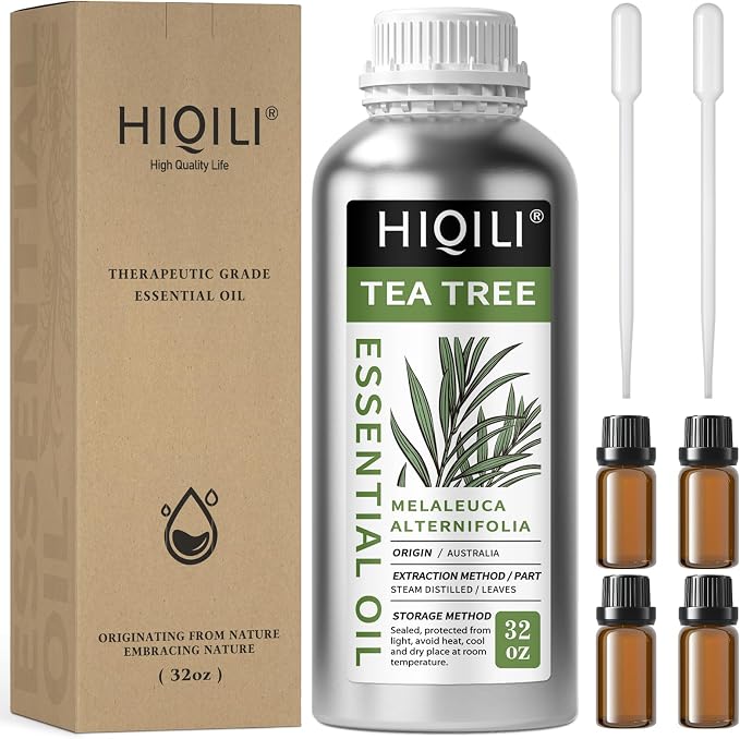 HIQILI Tea Tree Oil Large Capacity for DIY Candles, Soaps and Nail Care | Ideal for Home Stockpile, Foot Spa, Nail Salon, Beauty Salon, Hotel, DIY Studio - 1000ml/32 fl oz