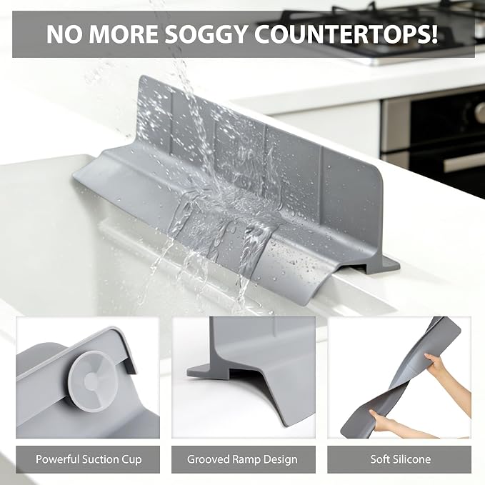 18Inch Sink Splash Guard – Extended Length & Tall Silicone Kitchen Sink Splash Guard with Overhang Drainage Design & Strong Suction Cups for Countertop(Dark Grey, 18''x3.5'')
