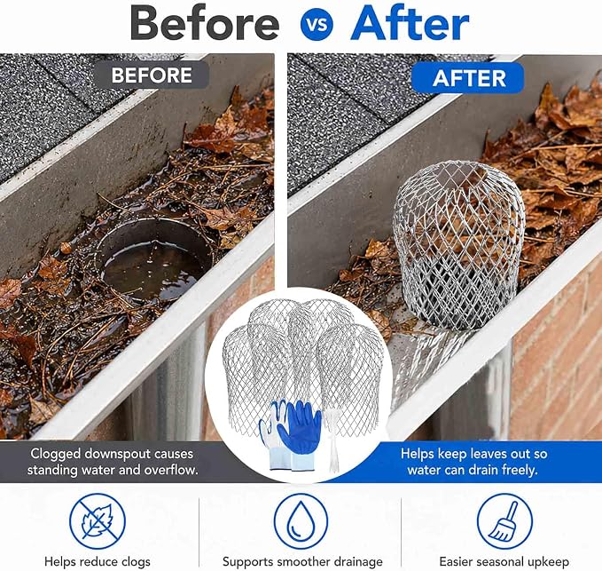 4 Pack Upgrade Gutter Downspout Guards, Heavy Duty Expandable Aluminum Gutter Filter, Leaf Gutter Downspout Screen for 2-4In Downspout Guard Openings, Stop Clogs from Leaves & Twigs
