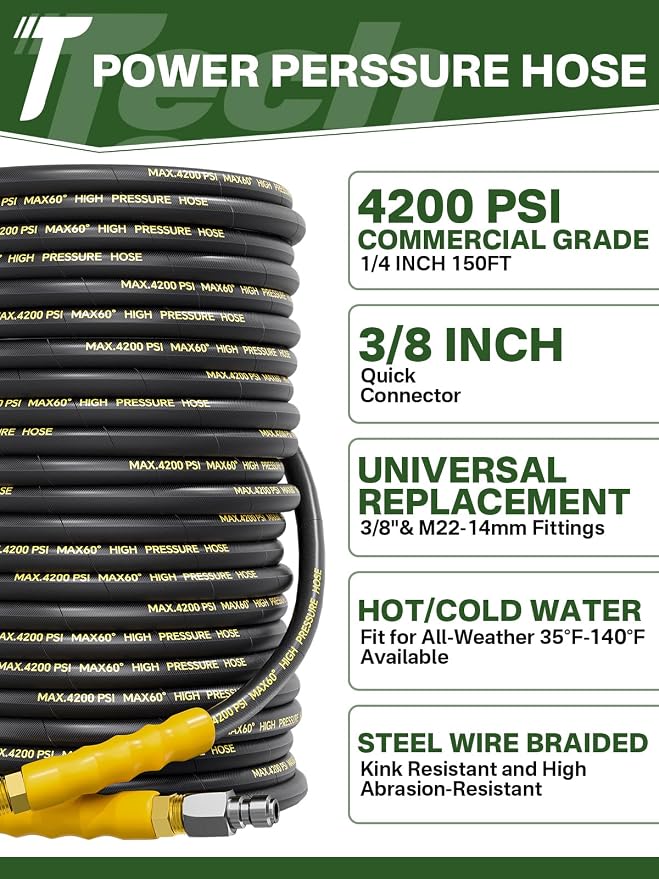 4200PSI Pressure Washer Hose 150FT with 3/8" Swivel Quick Connect for Cold/Hot Water, Kink Resistant Steel Wire Braided,1/4" Wear Resistant Power Washer Hose with 2 M22 14mm Adapter Set