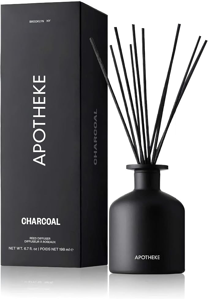 Apotheke Scented Reed Diffuser for Home, Charcoal, 10 Reed Sticks | 10 Rattan Scent Sticks, Long-lasting Fragrance with Essential Oil Aromatherapy for Bedroom & Bathroom - 6.7 Fl Oz