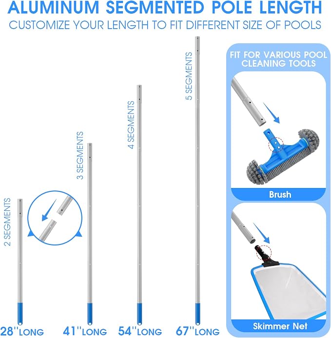 TidyMister 3PCS Pool Cleaning Kit - 12.5'' Pool Brush Round & 11'' Pool Skimmer Net Fine Mesh & 5.7 Feet Thick Aluminum Pole 5-Segment, for Above Ground & Inground Pools Ponds