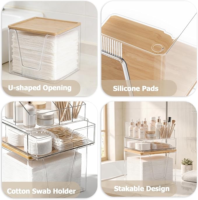 SPOSPO 3-in-1 Disposable Facial Towel Holder & Makeup Organizer | Cotton Ball/Swabs Dispenser, Vanity Holder with Bamboo Lid Compatible with Clean Skin Club Towel XL for Bathroom Coutertop
