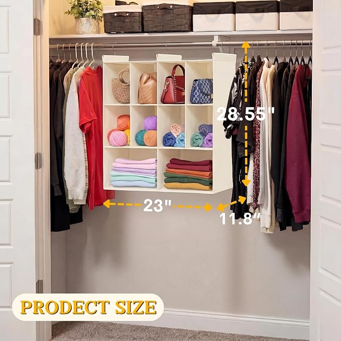 3 Tier Hanging Closet Organizer, 10 Compartments Dual Row Storage, Beige | Closet Organizers and Storage with Large & Small Pockets, 3 Sturdy Hooks Support Heavy Loads, for Dorm, RV, Garment Rack