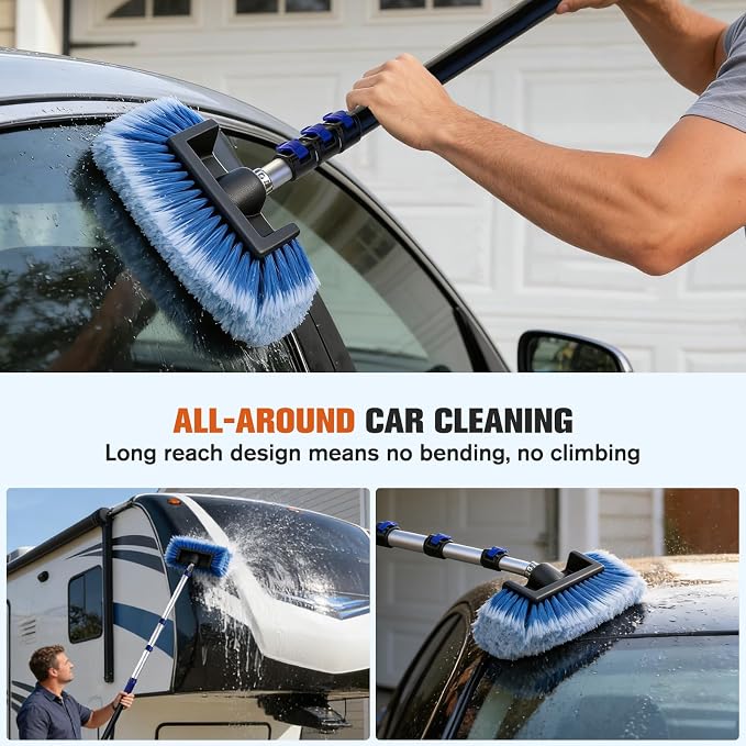 20FT Car Wash Brush with Long Handle - Car Cleaning Kit with 8 Attachments, 180° Rotating Mop, Foldable Bucket, Scratch-Free Soft & Hard Brushes for Cars, Trucks, SUV, RV, Home Windows & Siding