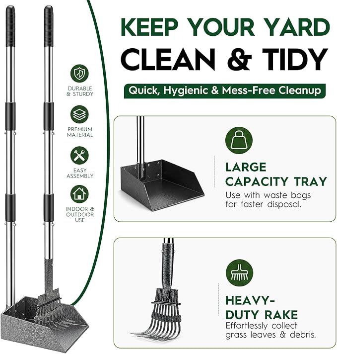 Long Handle Dog Pooper Scooper with Extension & Spare Poles, Stainless Steel Rustproof for Large Medium Dogs Yard Lawn | Ergonomic height adjustment, Four optional configurations, fits various grounds, easy to clean, free gloves & hook
