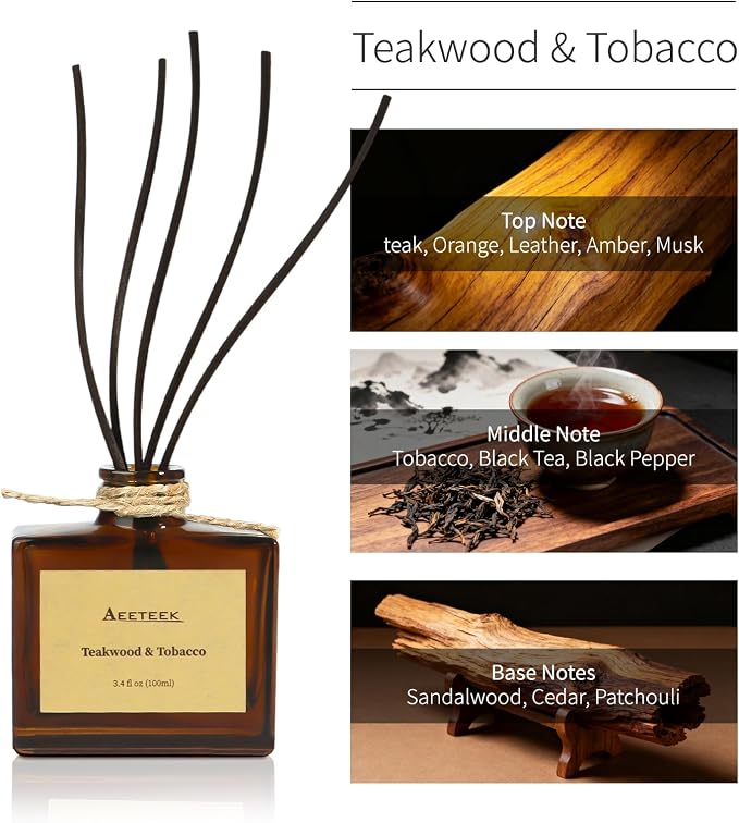 Reed Diffuser, Teakwood & Tobacco Essential Oil Diffuser with Dried Flowers, 3.4 oz Musk Scented Oil, Handmade Home Decor Air Freshener, Long-Lasting Room Scent for Office, Bathroom | 3.4oz Woody Scented Oil with Curved Sticks, Handmade Home Decor Air ...
