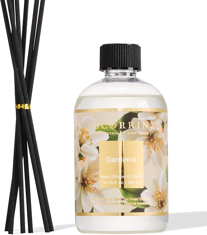 Reed Diffuser Refill Gardenia 10.14oz (300ml) with 8 Sticks - Premium Long-Lasting Floral Essential Oil, Home Fragrance for Bedroom, Bathroom Home Decor