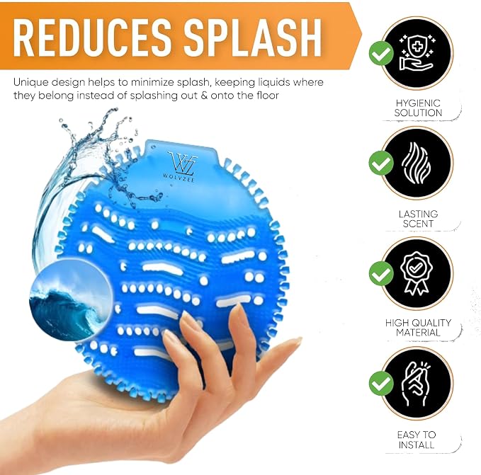 Urinal Screen Deodorizer (15 Packs) with 30 Gloves | 3 Fresh Scents, Ocean,Orange, Lemon|Urinal Cakes |Anti-Splash - Odor Protection for Toilets in Bathroom Restaurant Office Stadium School