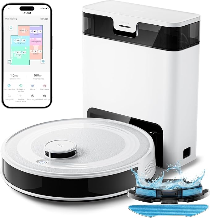 Lefant Robot Vacuum and Mop Combo, 8 Weeks Self-Emptying with Dual Dustbin Options, 6000Pa LiDAR Robotic Vacuum Cleaner with Precision Mapping, 240mins, Carpet Detection, WiFi/App/Alexa, M2S Pro