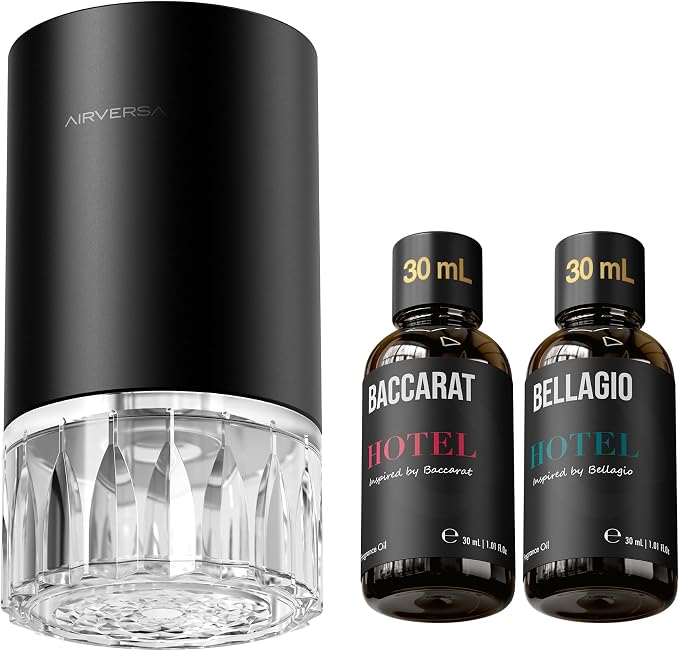 Airversa RD1 Waterless Essential Oil Diffuser Starter Kit, Black | 2x30 mL Hotel Scent Fragrance Oil, Up to 600 sq ft, Battery Operated, 100mL Capacity, Multi-mode Ambient Light, RD1Kit-2x30-B