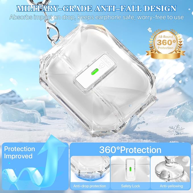 for AirPods Pro 3 Case Transparent with Lock, Clear White | Compatible MagSafe, Compatible with Apple AirPods Pro 3rd Generation Case with Cleaning Kit & Keychain, Auto Pop-Up
