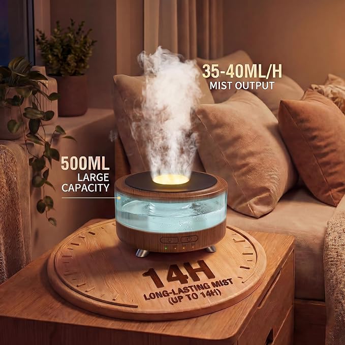 500ML Retro Vinyl Essential Oil Diffuser for Home | 3D flame effect & 9 colors. 500ml tank lasts 14H for deep sleep. BPA-free with auto-off ensures safety for babies and pets.