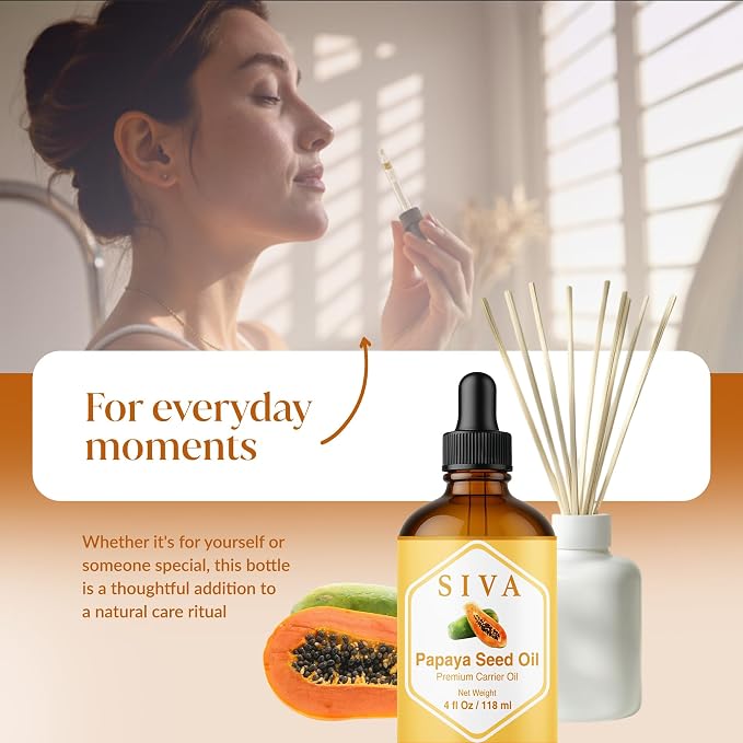 SIVA Papaya Seed Carrier Oil, Glass Bottle with Dropper, 4 Fl Oz (118 ml) | Papaya Seed Oil for Face Care, Skin Care, Facial Oil, Hair Care, Scalp Massage, Body Massage, Dilution & DIY Beauty Blends