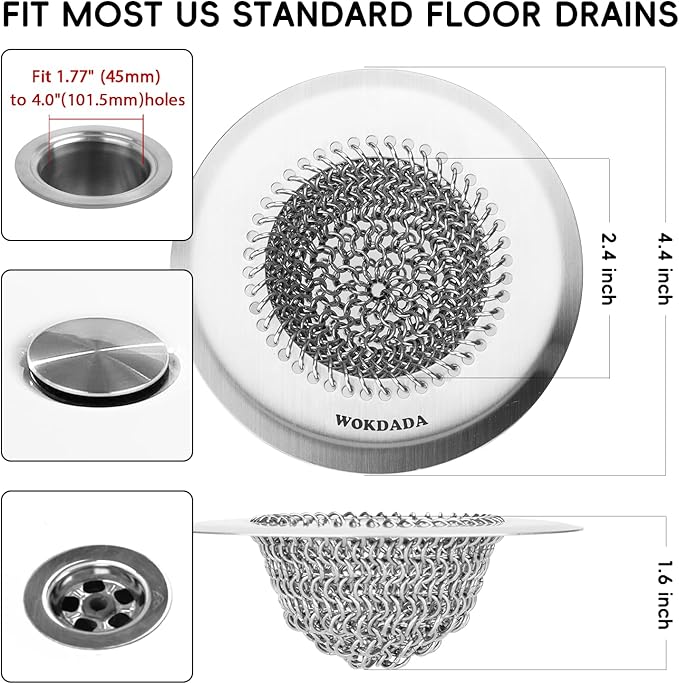 WOKDADA Shower Drain Hair Catcher, 4.4" Anti-Clog Bathtub Drain Cover | Reversible Flip Clean, Anti-Clog Mesh, Fast Drainage, Anti-Slip Base, Rust-Proof, for Bathtub & Shower Drains, Patented