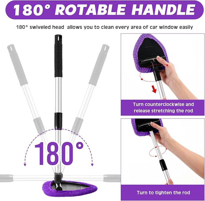 Potchen 8pcs Car Windshield Cleaner Tool with Extendable Handle, Purple | with Microfiber Towel Pads, Brush, Empty Spray Bottle, Car Window Cleaner for Auto Glass Wiper Suvs Rvs & Home Windows