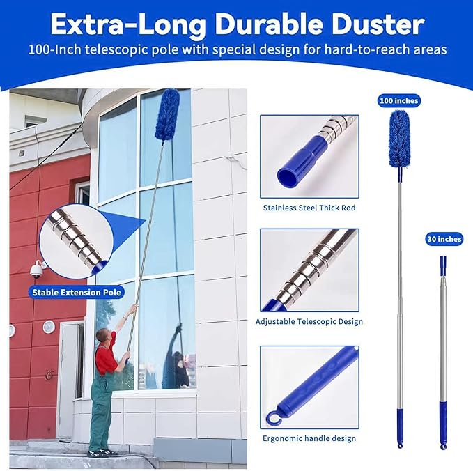 Duster with Extension Pole, 7 in 1 Cleaning Kit with Microfiber Dusters | Long Dusters for Cleaning High Ceilings, Cobweb Duster for Fan and Blinds, Feather Dusters Kit for Furniture Indoor Use