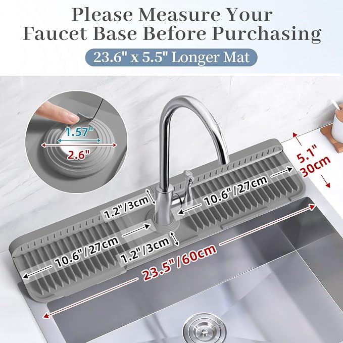 PoYang 24 inch Faucet Mat for Kitchen Sink Splash Guard, 7° Slope Silicone Sink Water Splash Guard for Kitchen Sink Area with Snap Button, Longer Sink Protectors for kitchen Sink Sponge Holder, Grey