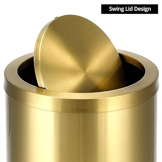 QWORK Antique Gold Trash Can, 2.4 Gallons Stainless Steel, Waterproof, Rustproof with Swing Lid