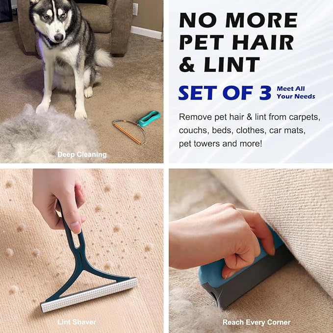 Pet Hair Remover 3-Pack, Reusable Dog & Cat Hair Removal Tools, Lint Shaver | Remove Stubborn Pet Hair, Multi-Fabric Safe, Fur & Lint Cleaner for Couch, Carpets, Cat Trees, Car Mats, Furniture, Pet Bed