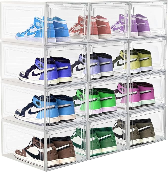 Upgraded Shoe Storage Organizer 6 Pack Clear Plastic Stackable Shoe Box with Magnetic Door Sneaker Hats Display Case Fit Up to US Size 13