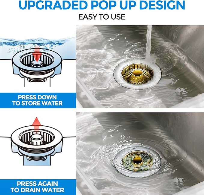 zaa Kitchen Sink Drain Strainer - Kitchen Sink Stopper, 304 Stainless Steel Sink Drain Stopper, Sink Protector for Kitchen with Anti-Clog Filter, Fit US Standard 3-1/2'' Sink Drain Hole, Gold