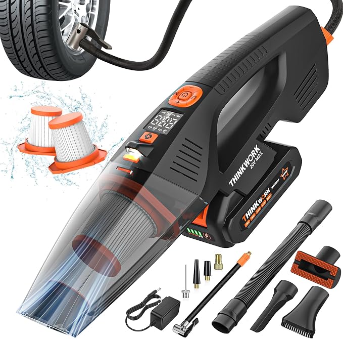 THINKWORK 20V Car Vacuum & Air Inflator, Dual Function High Power Handheld Cordless Vacuum with 18000pa Suction Power for Car Cleaning, Household Dust Removal, Inflation