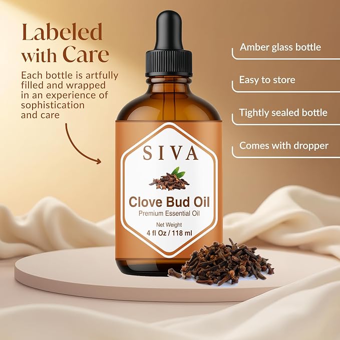 Siva Clove Bud Essential Oil, Glass Bottle with Dropper, 4 Fl Oz (118 ml) | Clove Bud Oil for Diffuser, Humidifier, Home Fragrance, Oral Care, Body Massage, Soap Making, Candle Making & DIY Projects