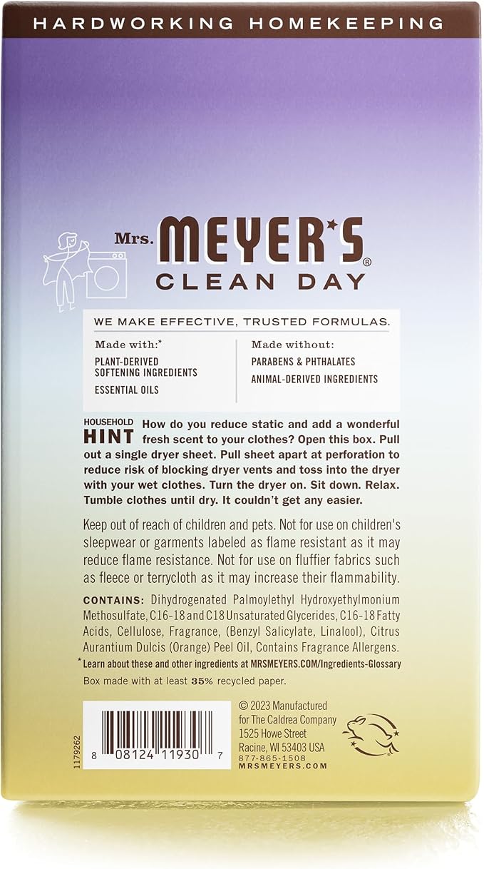 MRS. MEYER'S CLEAN DAY Dryer Sheets, Fabric Softener, Reduces Static, Infused with Essential Oils, Compassion Flower, 80 Count (Pack of 12)