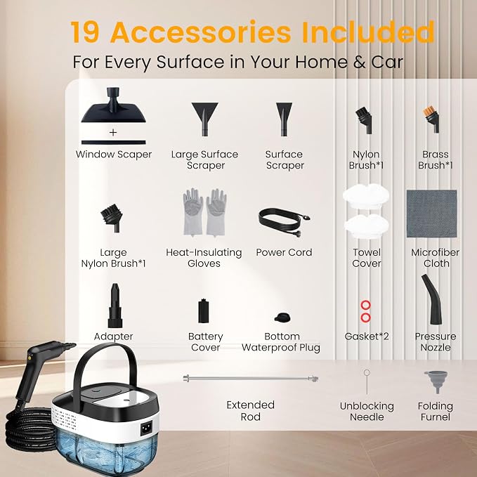 Granarbol Steam Cleaner, 2500W 1.6L Handheld Steamer for Home Car Cleaning | 10s Heat-up, 19pcs Accessories, 3 Levels, Chemical-free Cleaning for Kitchen, Floor, Bathroom, Car Interior, Black & White