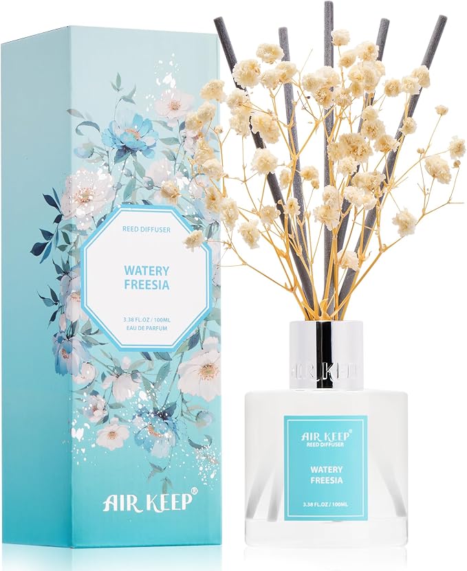 Reed Diffuser Set,3.38 fl oz (100 ml) - Watery Freesia Oil Diffusers with 8 Reed Sticks, Home Fragrance Reed Diffuser for Bathroom Shelf Decor