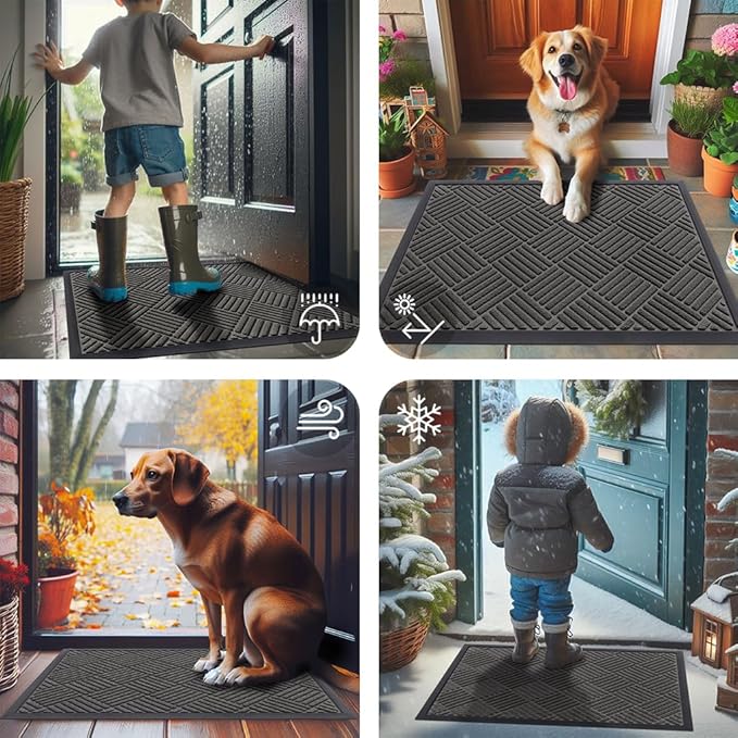 Smiry Front Door Mat Outside Entrance, Heavy Duty Outdoor Indoor Natural Rubber Doormat, Non Slip, Trap Dirt and Moisture, Easy Clean, Low Profile Patio Porch Entryway Mat, 71x23, Grey