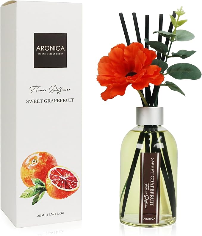 Grapefruit Reed Diffuser, Room Scent Diffuser with Red Flower, Difusor De Varillas, Aesthetic Room Decor, Apartment House Bathroom Essentials, Air Fresheners for Home Long Lasting