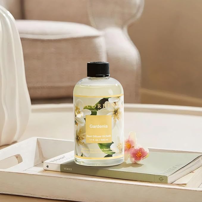 Reed Diffuser Refill Gardenia 17oz (500ml) with 8 Sticks - Premium Long-Lasting Scented Oil, Home Fragrance for Bedroom, Bathroom Home Decor