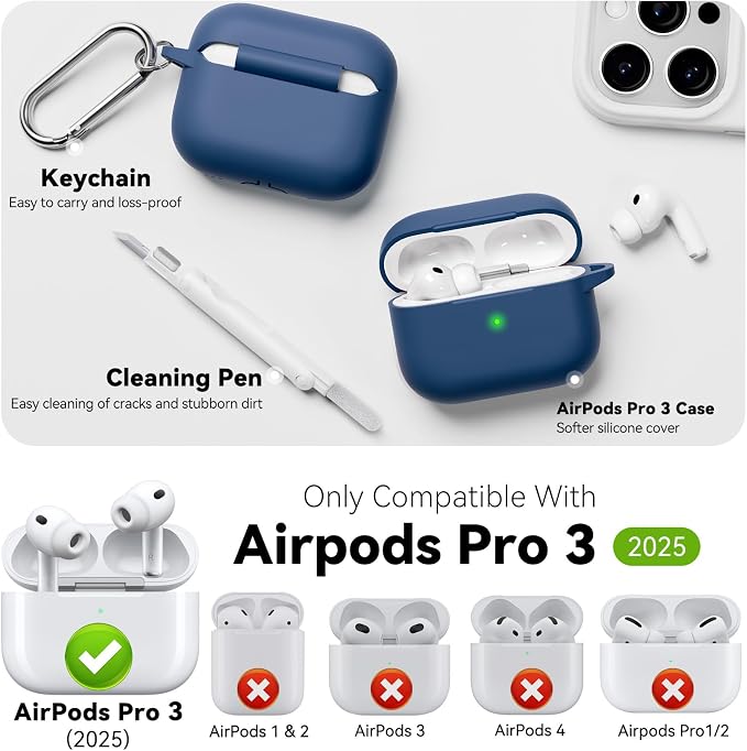 for AirPods Pro 3 Case 2025,Come with Cleaner Kit,Midnight Blue | Silicone Protective Cover for Airpod Pro 3rd Generation Case with Keychain,for Women Men,One-Piece Design,Shockproof