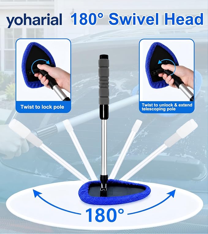 Telescopic Windshield Cleaner Microfiber Car Glass Brush Kit | 180° Rotatable Triangular Head, Scratch-Free Microfiber Pads, Extendable Pole For Hard-To-Reach Glass Areas