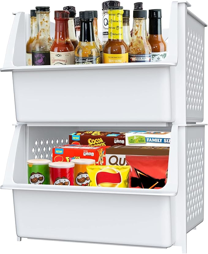 TidyFriend Plastic Stackable Storage Bins for Pantry, 2-Pack Stackable Bins for organizing food, kitchen, and bathroom essentials (White)