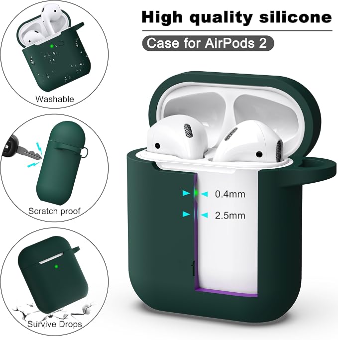 R-fun for AirPods 1/2 Case, Soft Silicone Protective Cover with Keychain and Cleaning Pen, Compatible with AirPods 2nd/1st Generation (2016/2019), Full Drop Protection Cover, Black Green