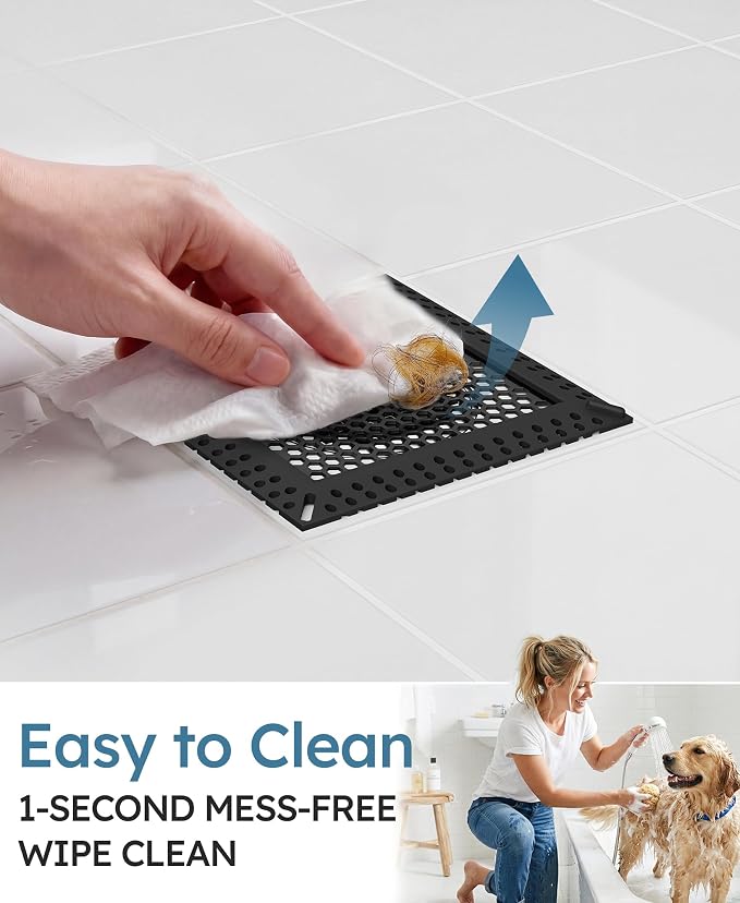 Square Shower Drain Hair Catcher, Flat Shower Drain Hair Catcher, Anti-Clogging Fast Drainage, Anti-Slip, Easy Clean Fits Bathroom Hair Catcher for Shower (Matte Black, 4 inch)