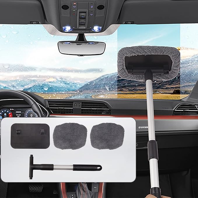 Car Glass Cleaner Wiper,Car Windshield Cleaning Tool, Microfiber Car Window Cleaner with Extendable Handle,Auto Glass Wiper Kit(Gray Square)
