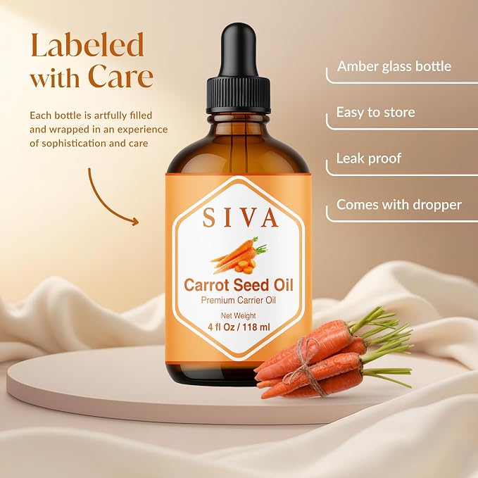SIVA Carrot Seed Carrier Oil, Glass Bottle with Dropper, 4 Fl Oz (118 ml) | Carrot Seed Oil for Face Care, Skin Care, Facial Oil, Hair Care, Scalp Massage, Body Massage, Dilution & DIY Beauty Blends