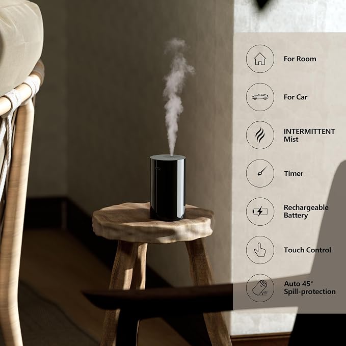 Airversa AN8 Waterless Essential Oil Diffuser Starter Kit, Black | 2X20 mL BLG+BCR Hotel Scent Fragrance Oil, Up to 600 sq ft, Battery Operated, Portable for Home Car Office, AN8Kit-2x20-B