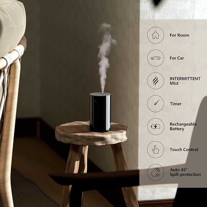 Airversa AN8 Waterless Essential Oil Diffuser Starter Kit, Black | 4 x 10mL Hotel Scent Fragrance Oi, Up to 600 sq ft, Battery Operated, Portable for Home Car Office, AN8Kit-4x10-01