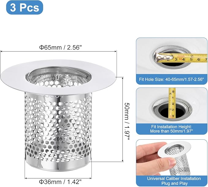 uxcell 3 Pack Shower Drain Strainer, 2" x 2.5" Stainless Steel Floor Drain Strainer Deep Sink Hair Catcher for Kitchen Bathroom Balcony Floor Drain, Fit Hole Size from 1.57" to 2.56"