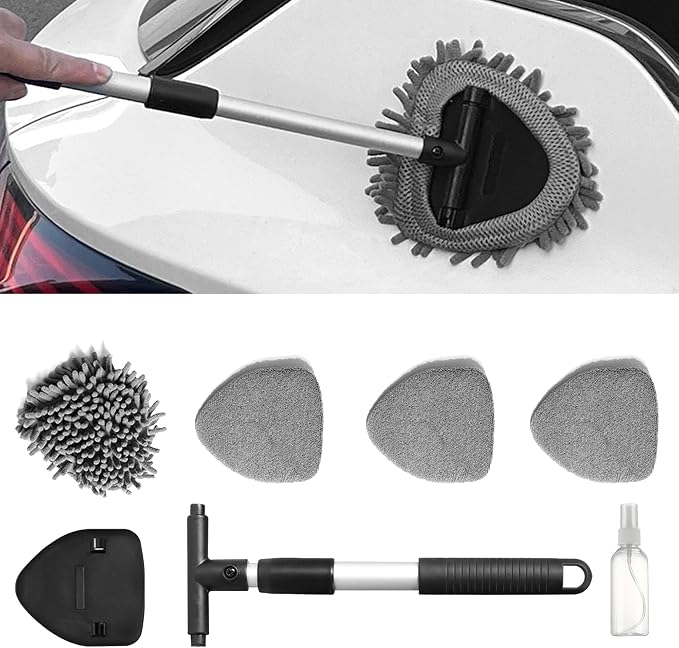 Car Windshield Cleaner Tool Kit with Extendable Handle, Vehicle Window Cleaner with 4 Microfiber Pads and 1 Empty Spray Bottle, Auto Windscreen Cleaning Tool, Universal Fit (Triangle)
