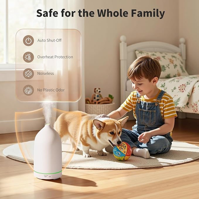 URPOWER 120mL Ceramic Essential Oil Diffuser with Quiet Mist & Auto-Off | Ultrasonic Mist with 2 Mist Modes and 7-Color LED Lighting for Bedrooms, Offices and Daily Aromatherapy