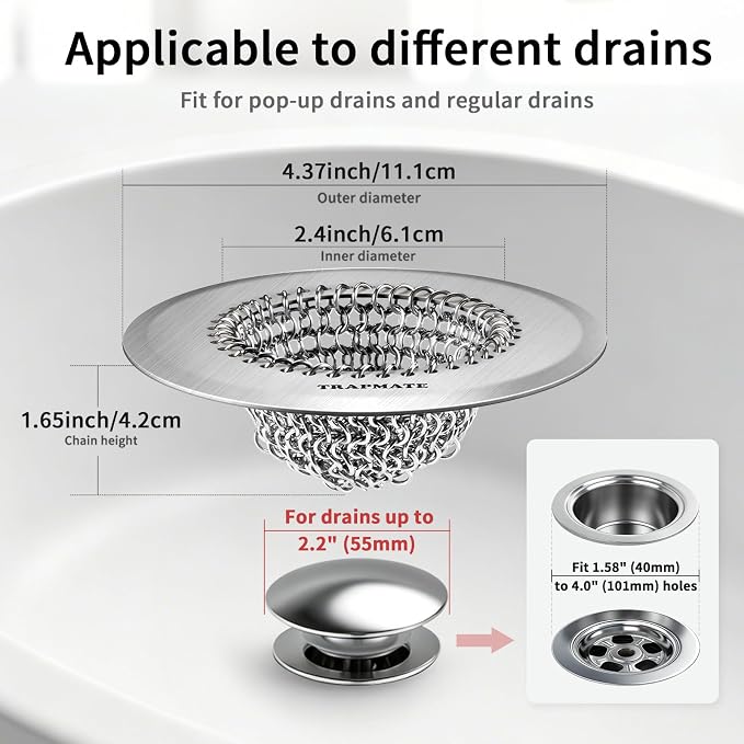 TRAPMATE Shower Drain Hair Catcher, 4.4" Anti-Clogging Bathtub Drain Cover | Easy Clean, Anti-Slip, Clog Prevention, Fast Drainage, Reversible, No Rust, For Showers & Bathtubs, Universal Size, Patented