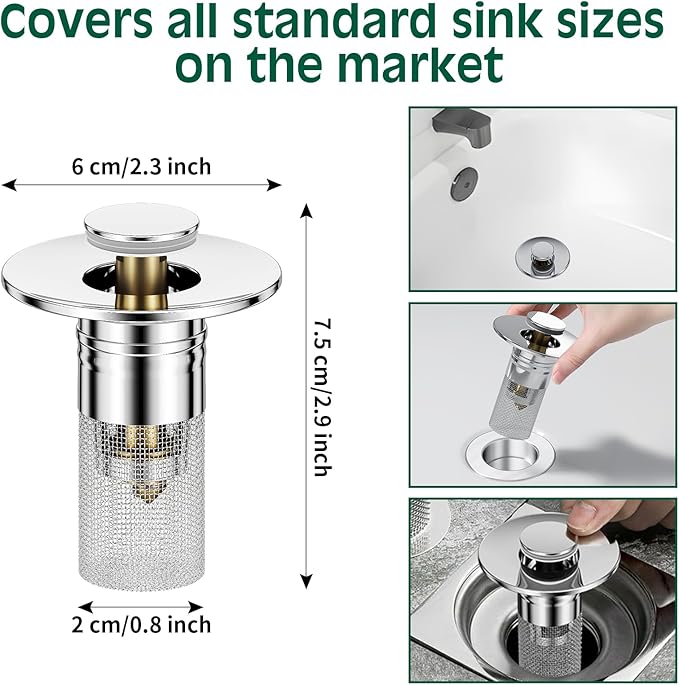 Vodolo 3 in 1 Sink Drain Strainer with Hair Catcher,2PCS Stainless Steel Popup Sink Stopper with Basket for Bathroom Kitchen Shower,Pop-up Bounce Core Floor Basin Drain Filter,Replacement Sink Plug