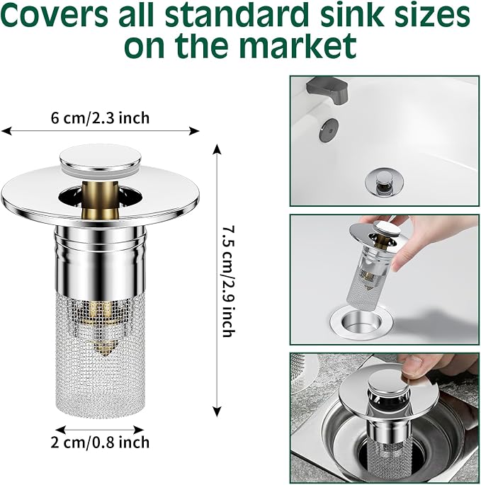 Vodolo 3 in 1 Sink Drain Strainer with Hair Catcher,4PCS Stainless Steel Popup Sink Stopper with Basket for Bathroom Kitchen Shower,Pop-up Bounce Core Floor Basin Drain Filter,Replacement Sink Plug