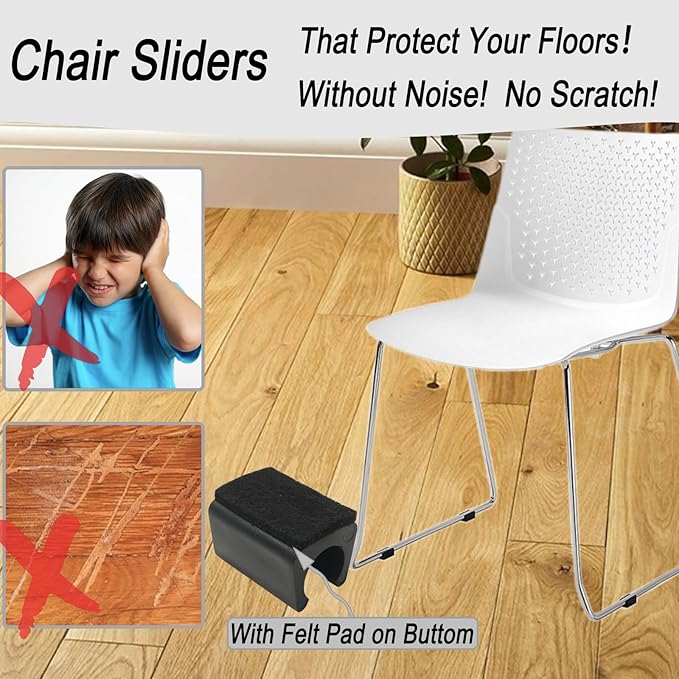 Rectangle U Shaped Chair Leg Tips Cap with Felt Pads,Furniture Feet Protectors Slide Smoothly Glides,Protect Hardwood Floor No Scratches No Noise,Fit 12mm(15/32inch) Diameter Tubular Legs (Black 8PCS)